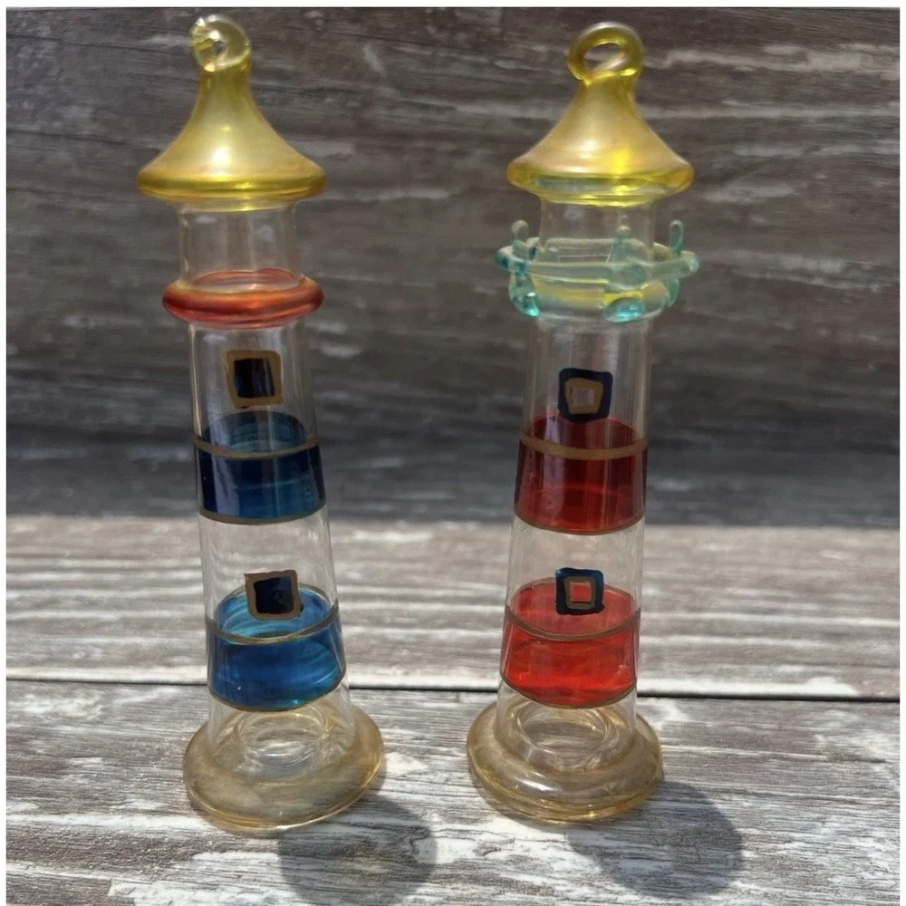 Lighthouse Ornaments Hand Blown‎ Glass Lightweight Set Of 2 Colorful  Maritime